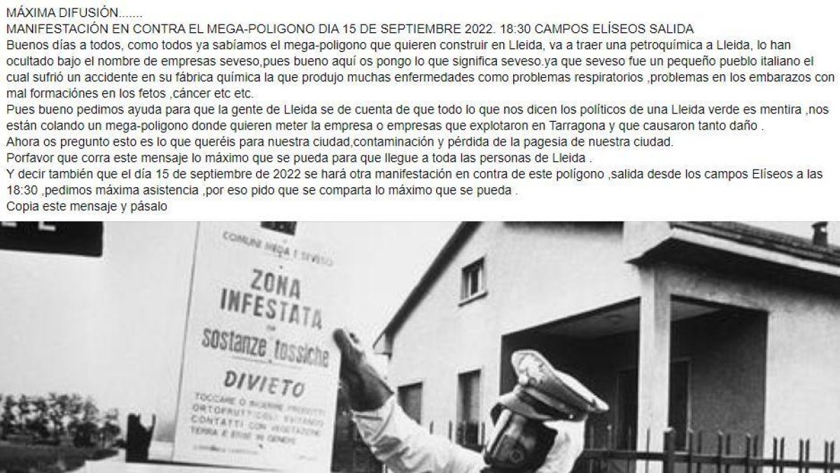 El missatge a les xarxes que convoca una manifestació contra la suposada arribada d'empreses petroquímiques al nou polígon de Lleida.