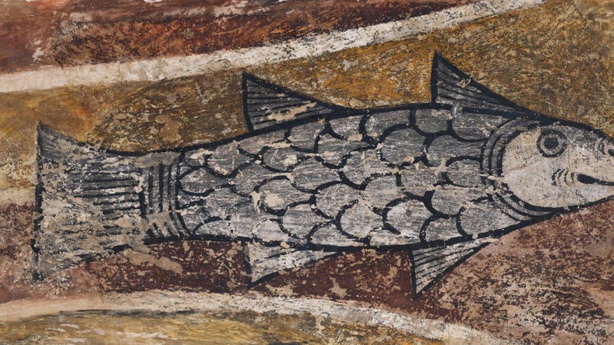 Fragmento de una pintura que decoraba el intradós de la ventana central del ábside de la iglesia de Sant Llorenç de Isavarre, en Sorpe. 