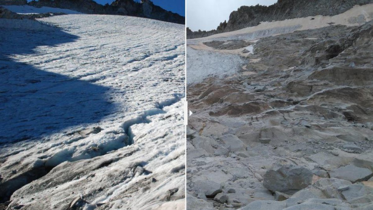 La glacera oriental de la Maladeta, al Pirineu aragonès, ja està pròxima a desaparèixer.