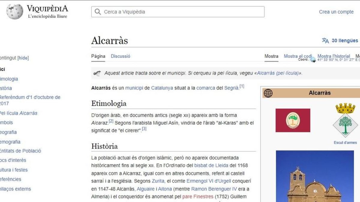 El Ministeri de Defensa manipula la Viquipèdia d'Alcarràs