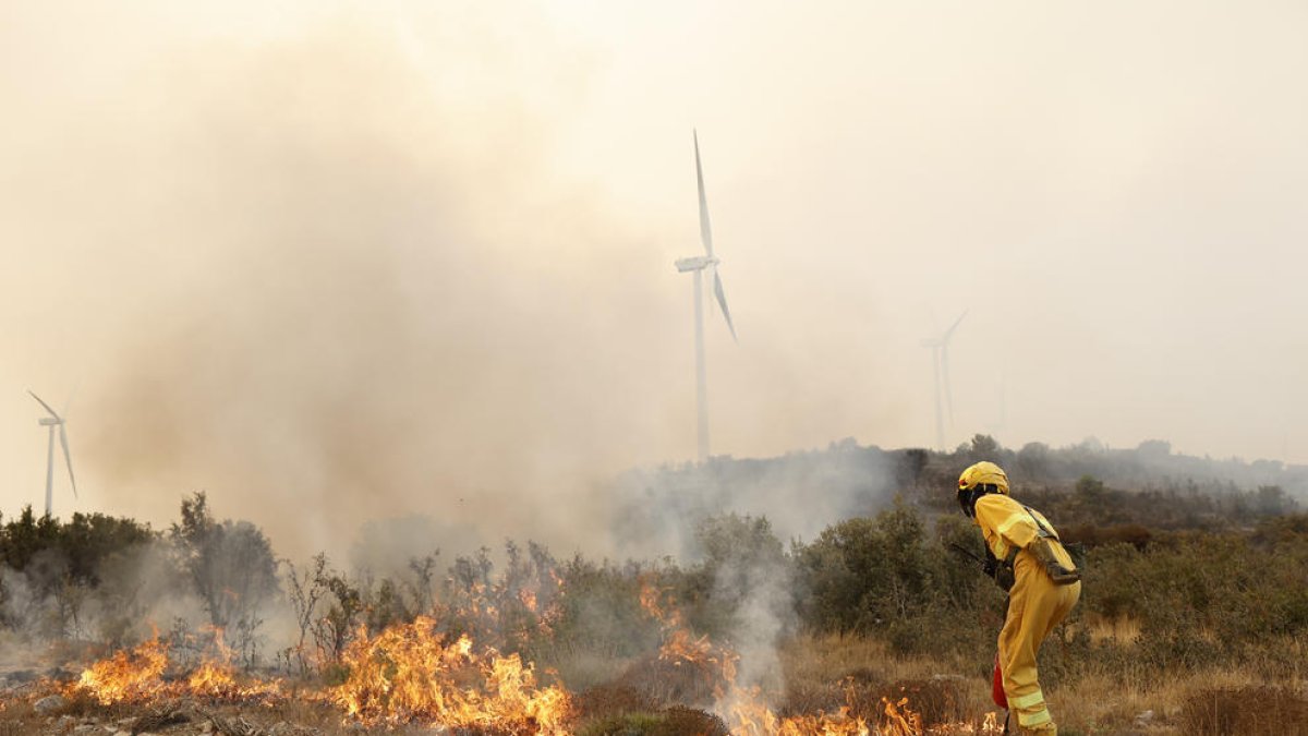 Un bombero trabaja en apagar unas llamas en unos arbustos en Bejís (Castellón).