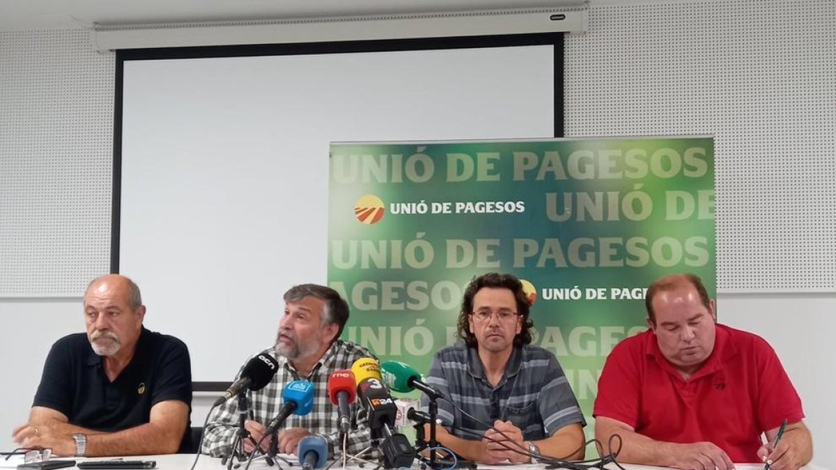 Els membres d'Unió de Pagesos: Jaume Pedrós, responsable de Regadius; Joan Caball, coordinador nacional; Nèstor Serra, coordinador comarcal del Segrià, i Josep Sellart, coordinador territorial de la Plana de Lleida, durant una roda de premsa a Lleida