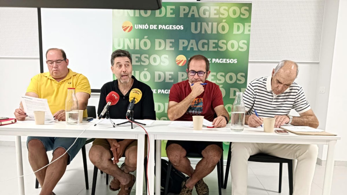 Néstor Serra, responsable d'Integració d'Unió de Pagesos, Rossend Saltiveri, responsable del sector Porcí, Jordi Armengol, responsable sindical de Sectors Ramaders i Josep M. Cortasa, membre de la Sectorial del Porcí d'Unió de Pagesos