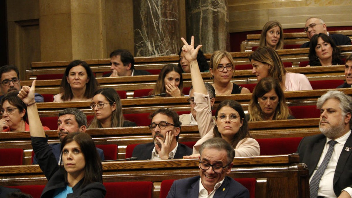 La portavoz de ERC, Marta Vilalta, y la portavoz de Junts, Mònica Sales, emiten el voto a favor y la abstención, respectivamente, a la votación del Plan Estadístico.