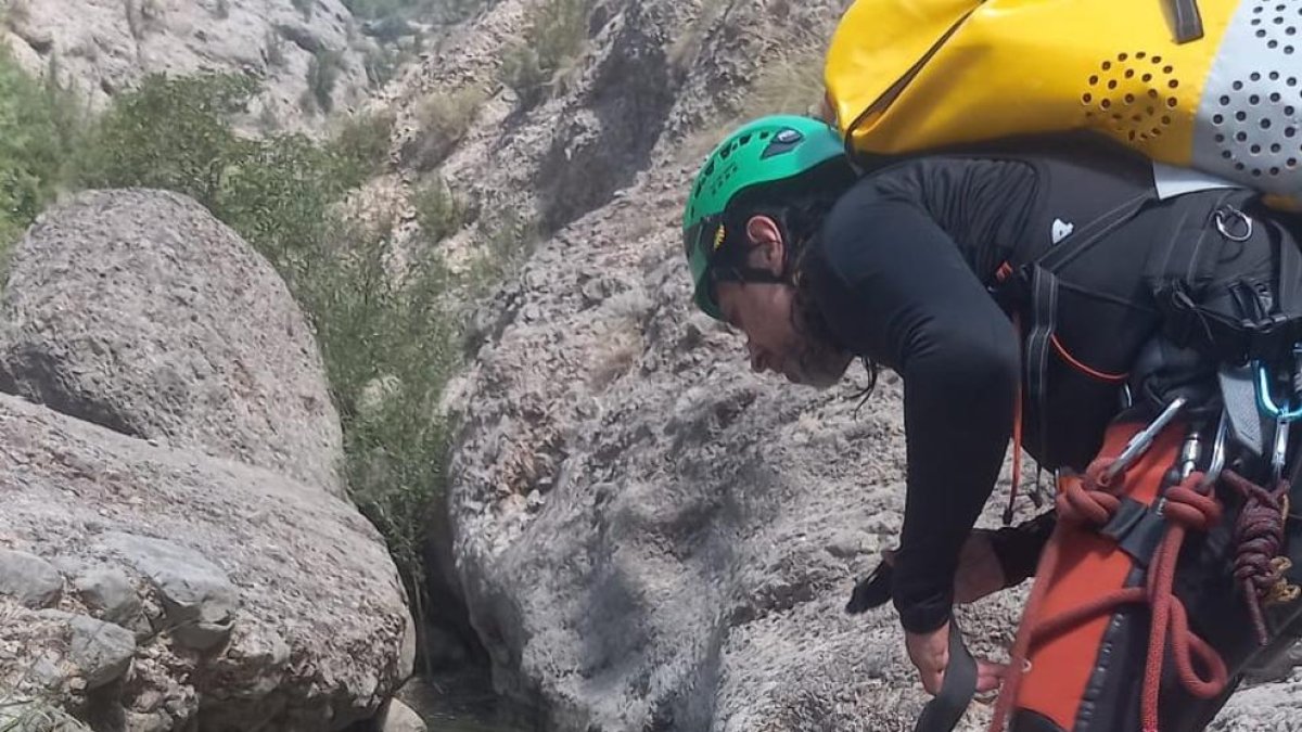 Imagen del rescate de un buitre ayer en La Pobla de Segur. 