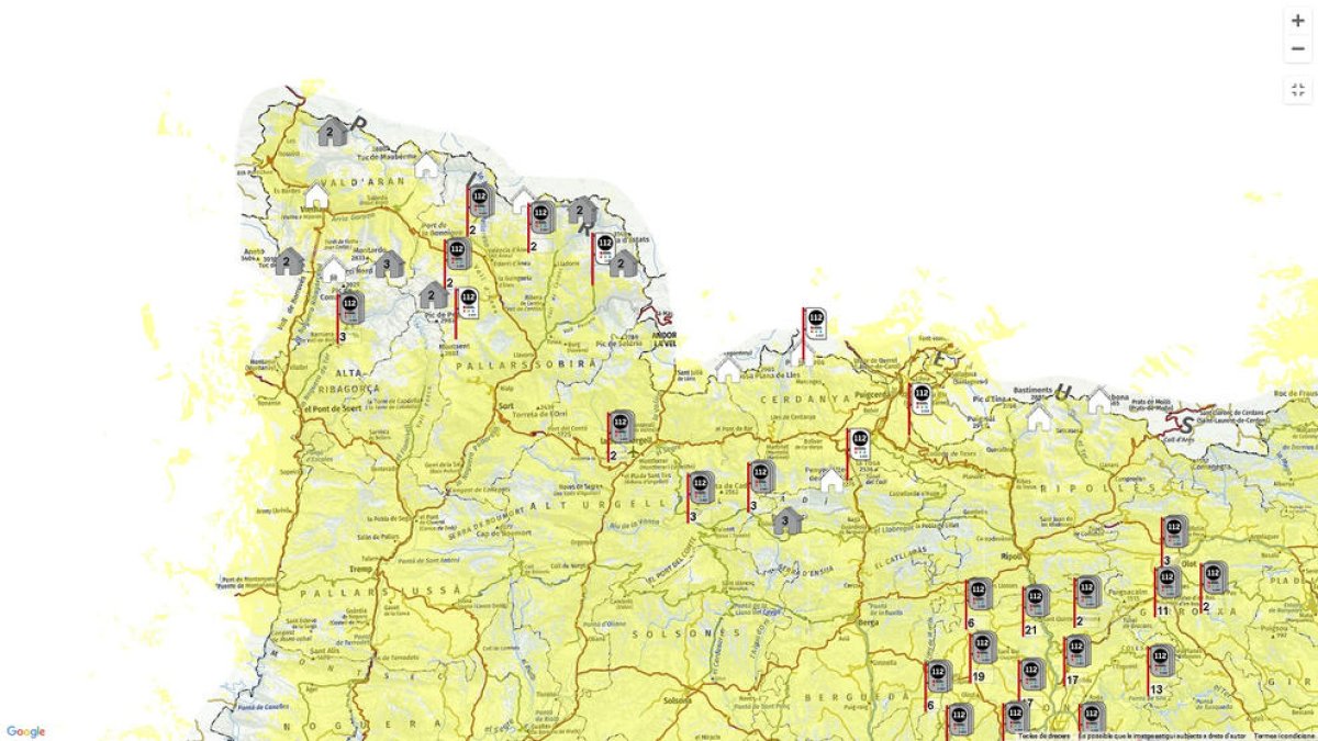 Mapa de cobertura en el Pirineo, en blanco las zonas sin señal.