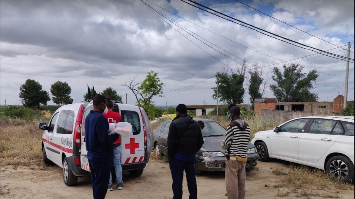 Voluntaris de la Creu Roja atenent usuaris d'un assentament de temporers