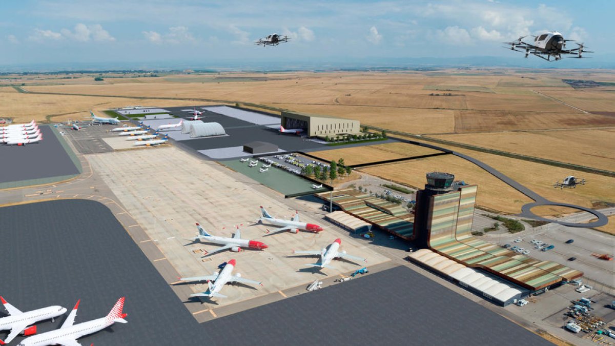 Imagen virtual de las instalaciones del Aeropuerto de Lleida-Alguaire mientras lo sobrevuelan varios drones.