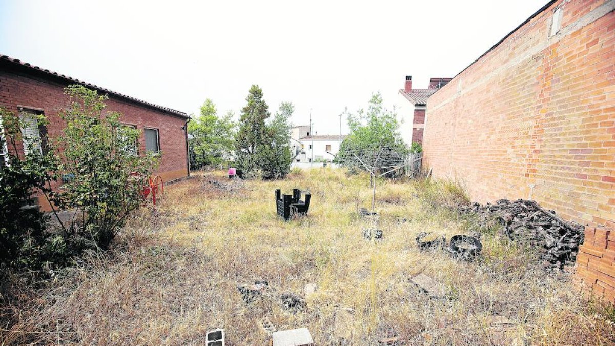 Imagen de un solar de Arbeca lleno de vegetación y de escombros.  