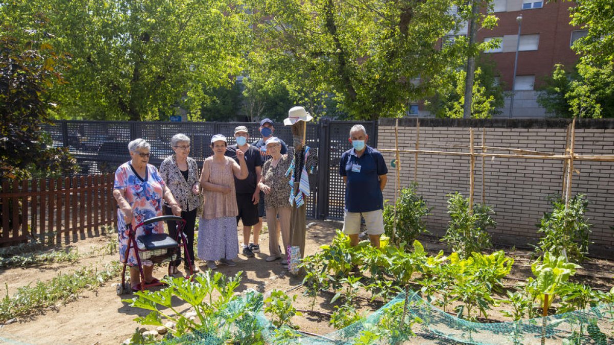 Un grup d’usuaris de la residència i del servei de Rehabilitació Comunitària a l’hort.