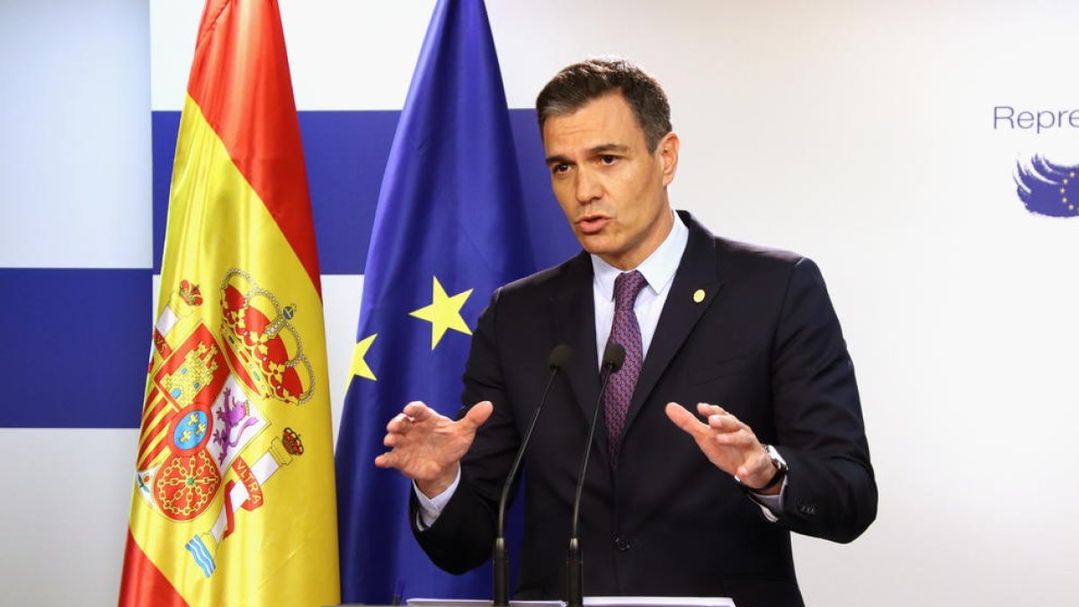 El president del govern espanyol, Pedro Sánchez, durant la roda de premsa posterior a la reunió del Consell, celebrada els 23 i 24 de juny a Brussel·les.