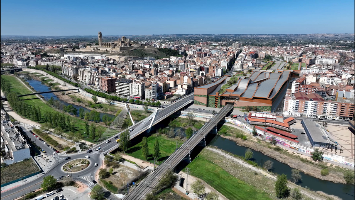 Imagen virtual de cómo sería el centro comercial propuesto por Smart Habent y su integración en la trama urbana de Lleida. 