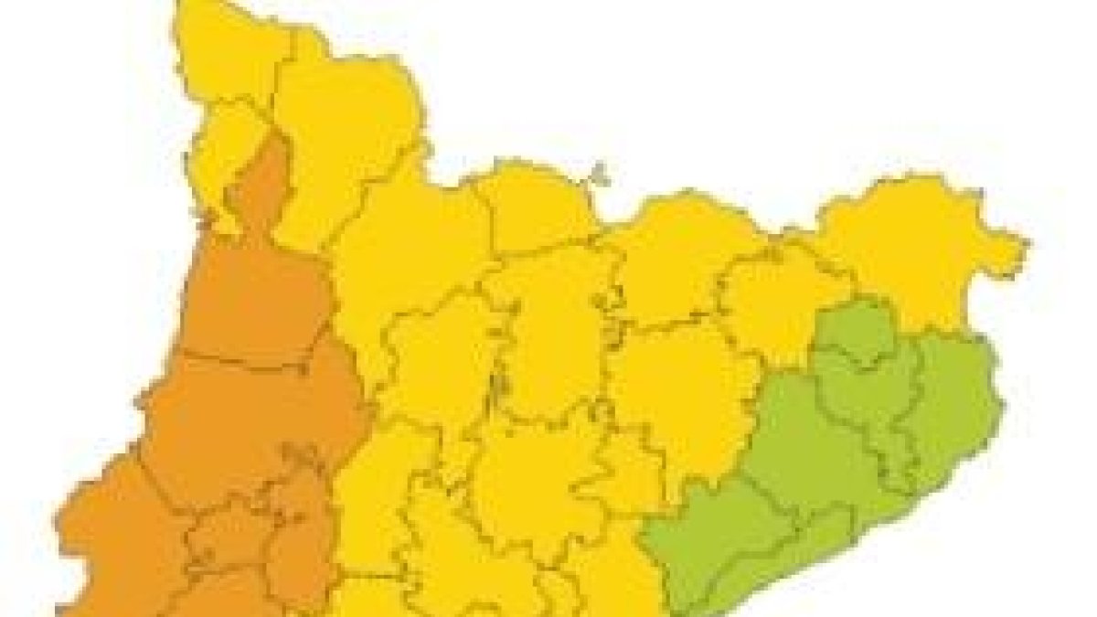 En naranja, las comarcas que esta tarde están en situación de peligro alto por lluvia y tormentas.