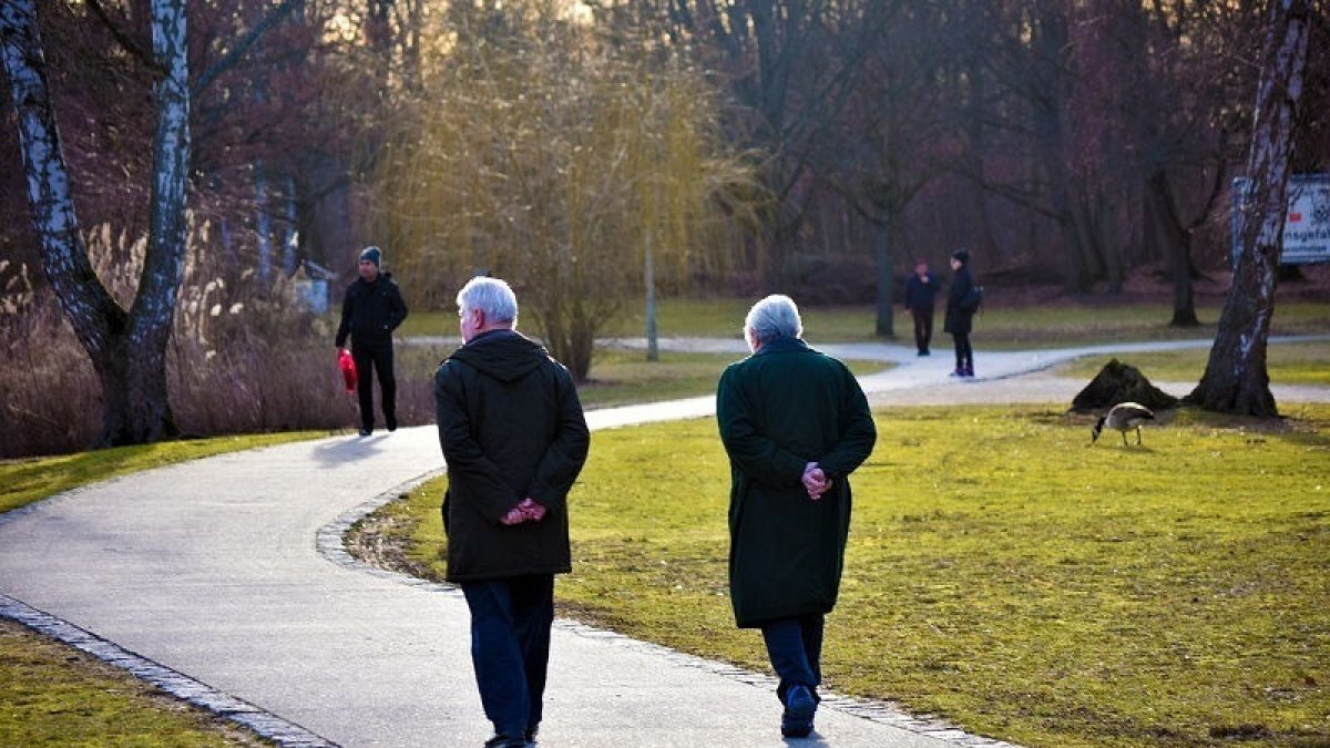 Dos jubilats passegen per un parc.