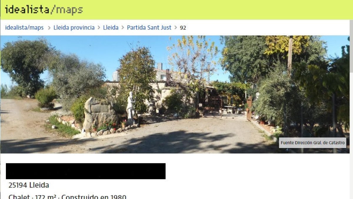 Captura de pantalla de dos cases de l’Horta (amb la direcció tapada) que no estan en venda a Idealista amb fotos, dades i preu aproximat.