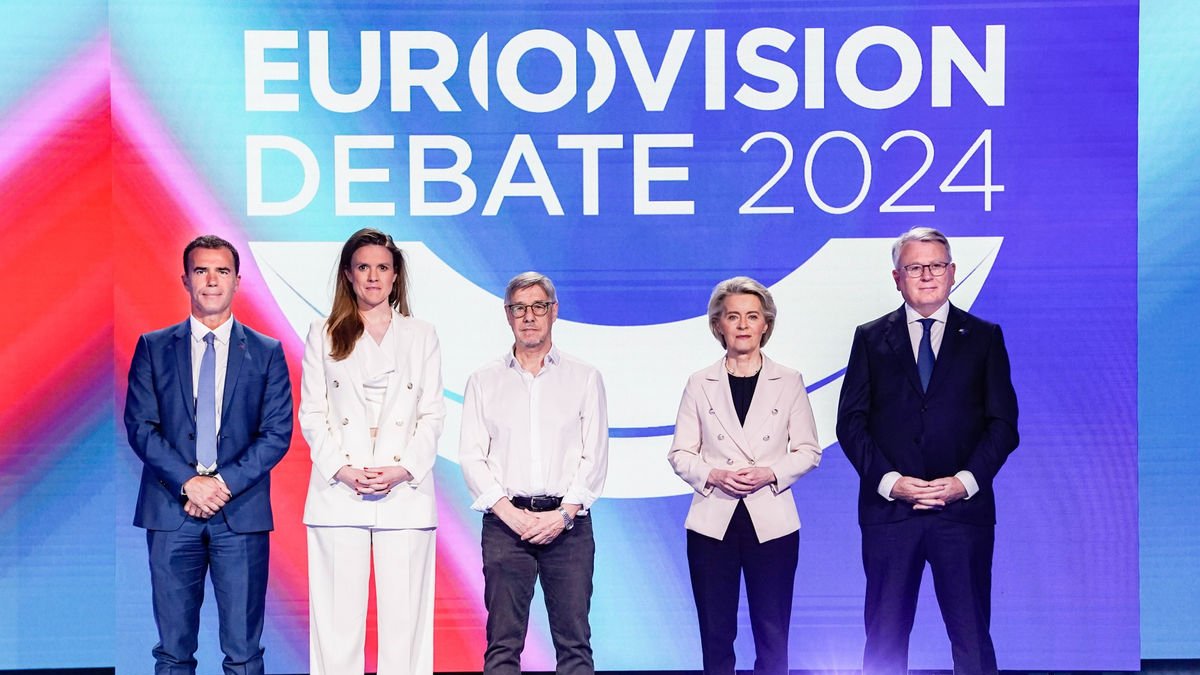 Els candidats Gozi, Reintke, Baier, Von der Leyen i Schmit, en un debat el passat 23 de maig.