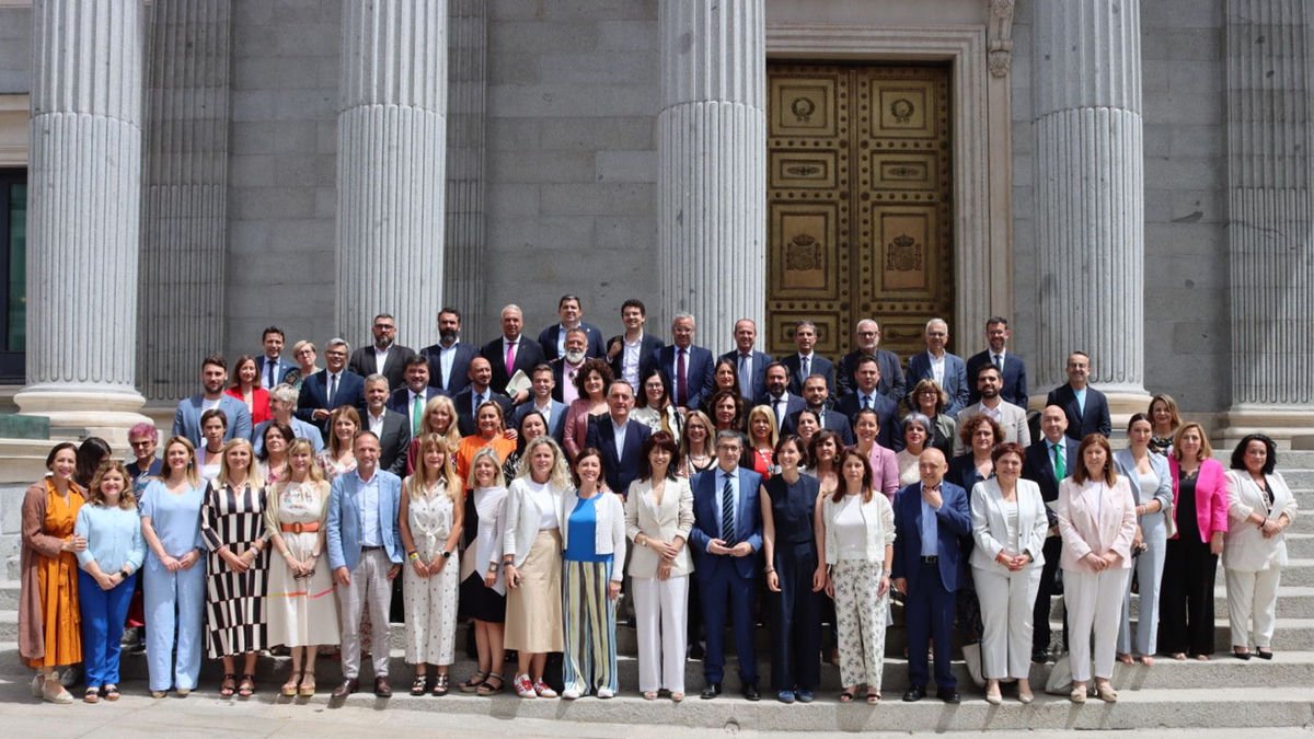 El grup socialista es fotografia davant la Porta dels Lleons del Congrés per celebrar la llei.