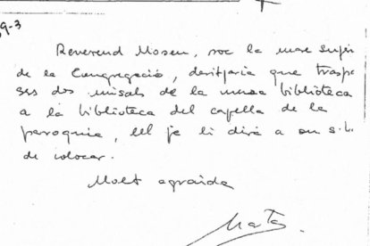 Imagen de la nota manuscrita de Marta Ferrusola, en la que se identifica como “madre superiora”.