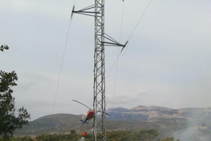 Tasques d’extinció ahir a Montargull, al costat de la carretera L-512.