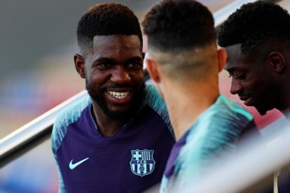 Samuel Umtiti durante un entrenamiento con el Barça.