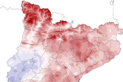 Mapa de diferència entre la temperatura mitjana i la climàtica.