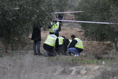 Investigadores de los Mossos d’Esquadra el pasado sábado en el lugar del doble crimen de Aspa. 