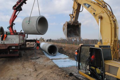 Obres de canalització a Bellvís, on se substitueix la vella llera de terra per canonades de formigó de dos metres de diàmetre.