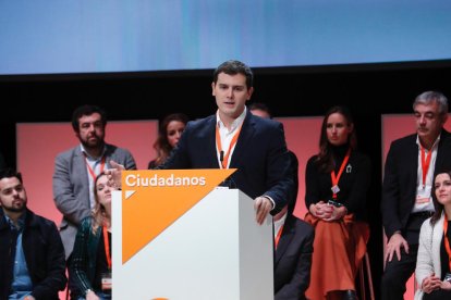 Albert Rivera, presidente de Ciudadanos, ayer durante su comparencia. 