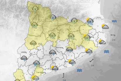 En groc, les comarques amb avís de neu a partir d'aquest dilluns per la tarda.