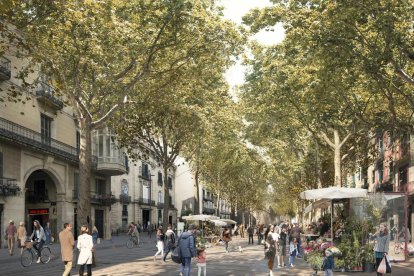 Recreació virtual de la nova Rambla de Barcelona, amb més espai per als vianants.