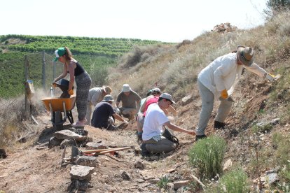 El grupo de inscritos trabajando ayer en el yacimiento de Aitona. 