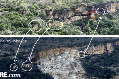 Imatge d'abans i després de l'esllavissada a Castell de Mur