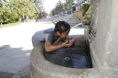 Un nen es refrescava ahir en una font de Lleida.