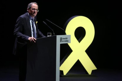 El president, Quim Torra, ayer, en el Teatre Nacional durante su conferencia “El nostre moment”.