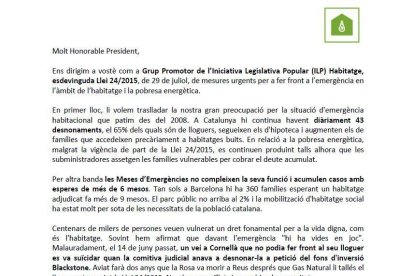 El grupo promotor de la ILP Vivienda envía una carta a Quim Torra antes de la reunión con Sánchez