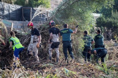 Buzos de la Guardia Civil y la Unidad Militar de Emergencias (UME) y agentes de varios cuerpos a pie con un perro de rastreo y vecinos, durante las tareas de búsqueda.