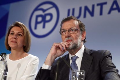 El president del PP, Mariano Rajoy, ahir, durant la junta directiva.