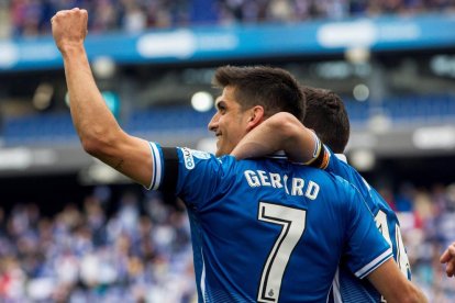 Gerard Moreno celebra un dels gols de l’Espanyol.