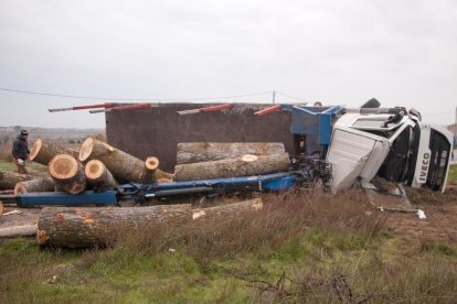 El camió va bolcar quan circulava cap a Verdú en direcció Tarragona i els troncs van quedar escampats per la calçada.