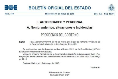 El BOE i el DOGC publiquen el nomenament de Quim Torra com a president