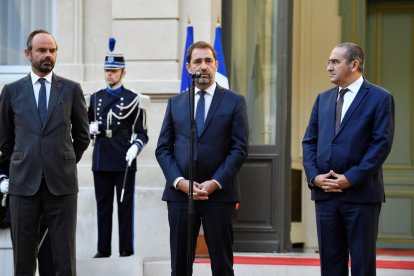 Christophe Castaner, Laurent Nuñez i Édouard Philippe, ahir.