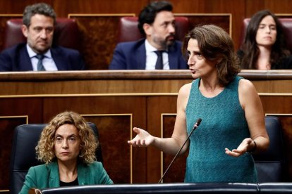 Les ministres d'Administració Terrritorial Meritxell Batet (esquerra) i la ministra per a la Transició Ecològica Teresa Ribera, durant la sessió de control a l'Executiu al Congrés dels Diputats.