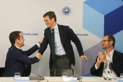 El president del PP, Pablo Casado, en la reunió d’ahir de secretaris generals i autonòmics.