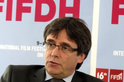 Carles Puigdemont, durant la seua intervenció a Ginebra.