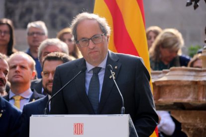 El presidente de la Generalitat, Quim Torra, este martes en el patio dels Tarongers del Palau de la Generalitat.