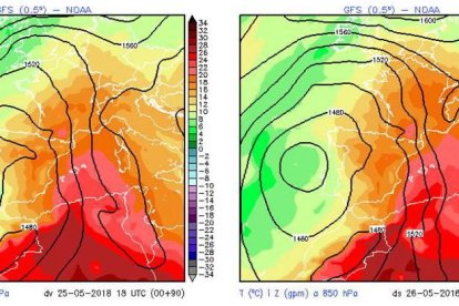 En colors vermells s'aprecia com la massa d'aire càlid emergirà del nord d'Àfrica i afectarà la Mediterrània Occidental