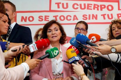 La vicepresidenta en funcions del Govern central, Carmen Calvo, ahir, a Móstoles.