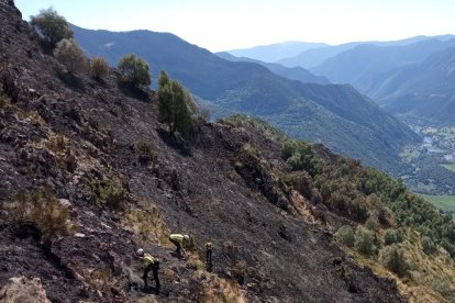 Alguns dels bombers que van controlar ahir l’incendi amb eines manuals.