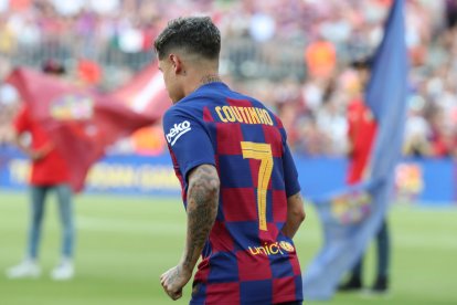 Philippe Coutinho, durant la seua presentació al Gamper.