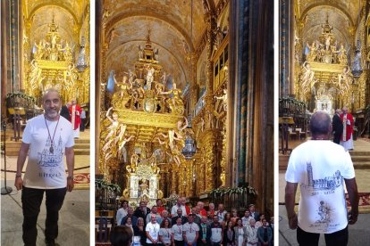 Josep Maria Batlle, a l'Obradoiro, amb una samarreta amb els seus dibuixos de la catedral compostel·lana, la Seu Vella i Sant Jaume dels Fanalets.